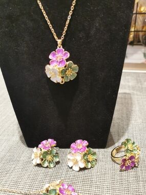 Floral Trio Enamel Necklace,Earrings, Ring and Bracelet set